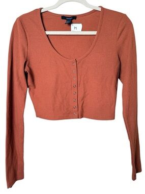 Forever 21 Medium Rust-Orange Ribbed Snap-Front Long Sleeve Crop Top